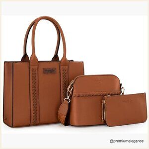3-Piece Faux Leather Tote Crossbody Wristlet Set with Detachable Strap